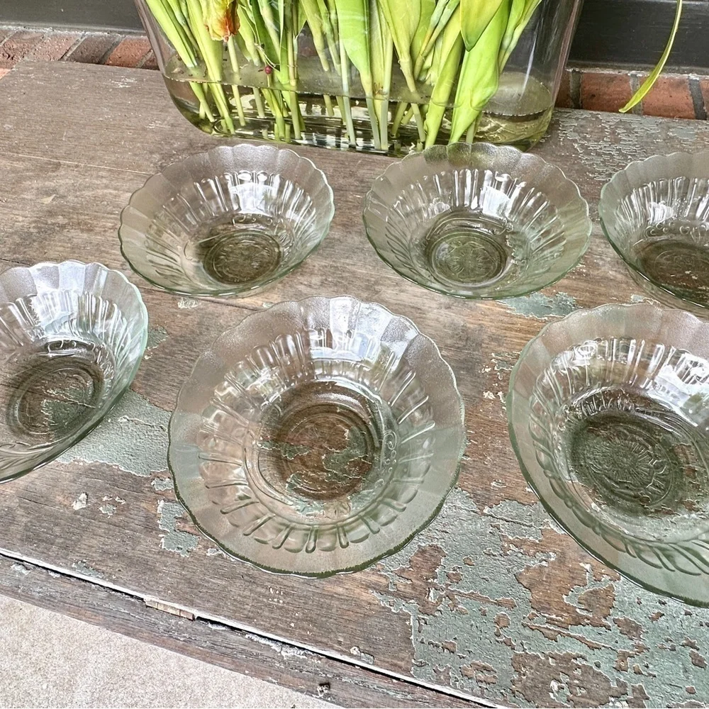 SET/6, NOVACRISA MEXICO, WILD ROSE FLORAL BLOSSOM, CLEAR BOWL WITH FROSTED RIM